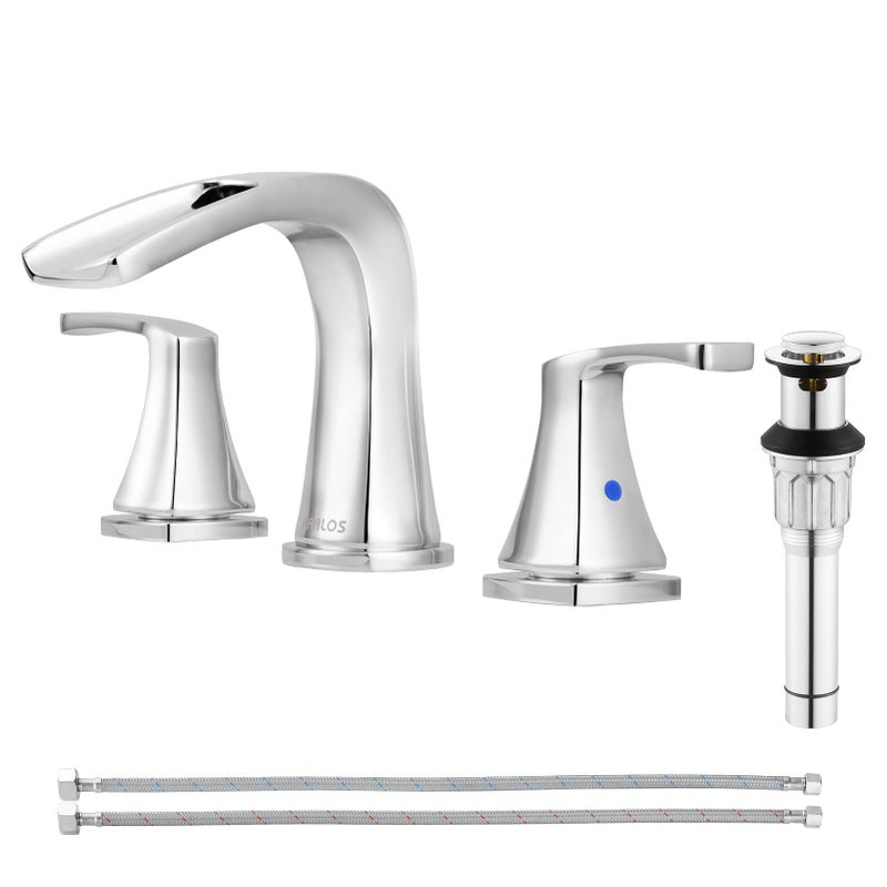 PARLOS Waterfall Widespread Bathroom Faucet Two Handles with Metal Pop Up Drain & cUPC Faucet Supply Lines, Doris (Brushed Nickel) - Image 1
